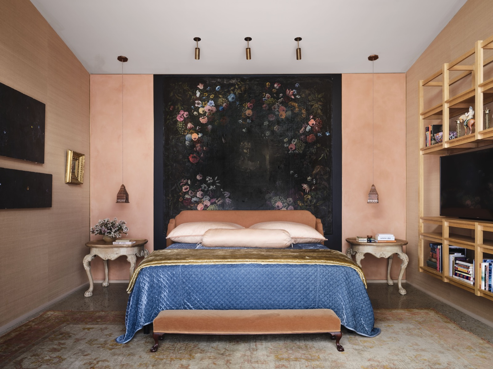 As seen in Elle Decor, warm, blush-colored plaster walls are a feature in the home of a San Antonio art collector.
